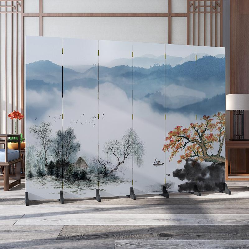 森美人北欧简约屏风隔断墙卧室遮挡家用客厅餐厅折叠移动布艺经济型折屏 柠檬黄花鸟山水16