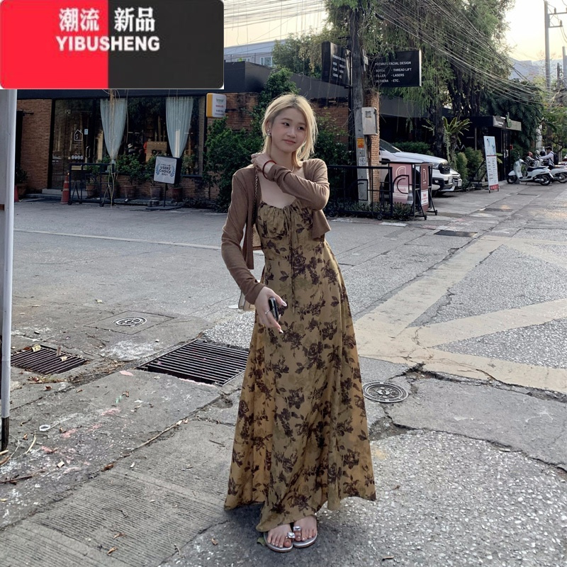 YIBUSHENG法式复古水墨印花吊带连衣裙女季新款碎花高级感大码显瘦长裙子