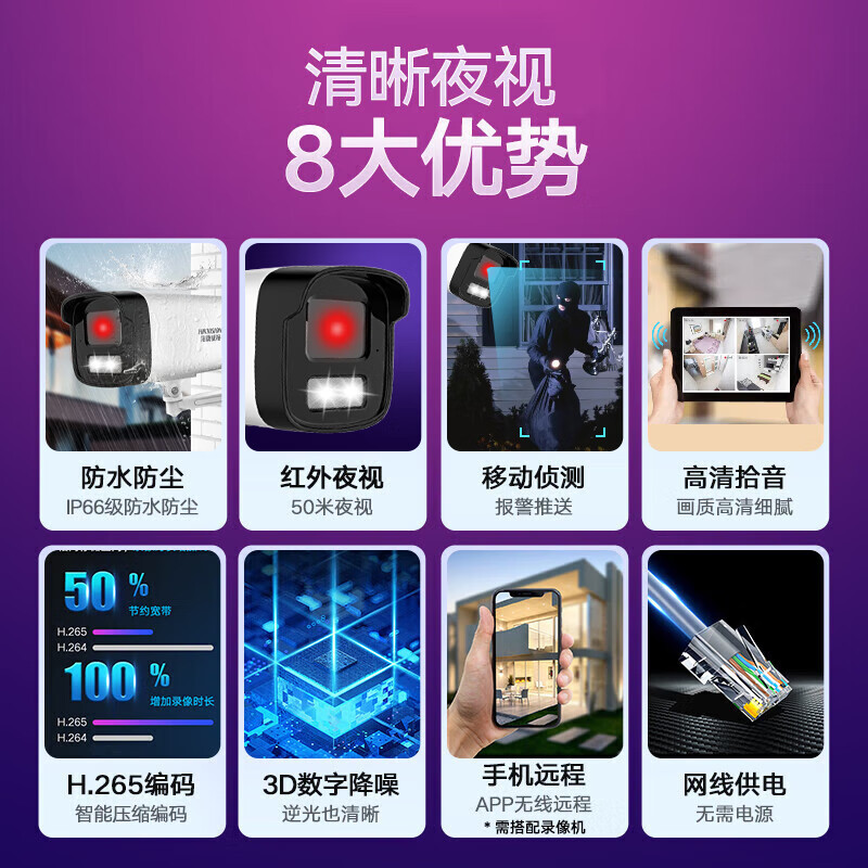 海康威视(HIKVISION)监控摄像头200万poe供电AI人形侦测红外夜视50米室外监控器B12HV3-IA 4MM
