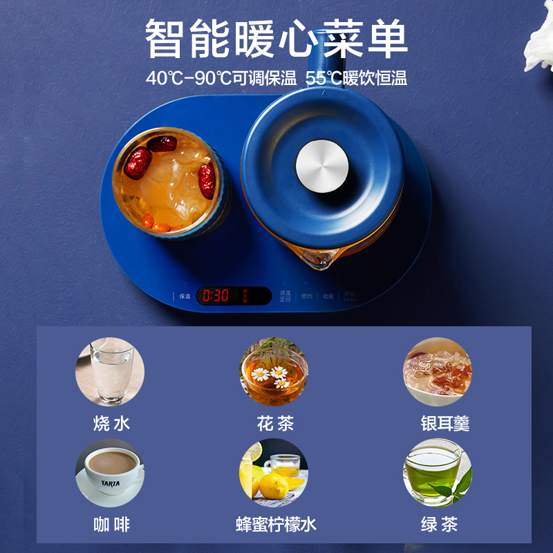苏泊尔养生壶家用多功能全自动办公室小型煮茶器玻璃迷你煮花茶壶 蓝色