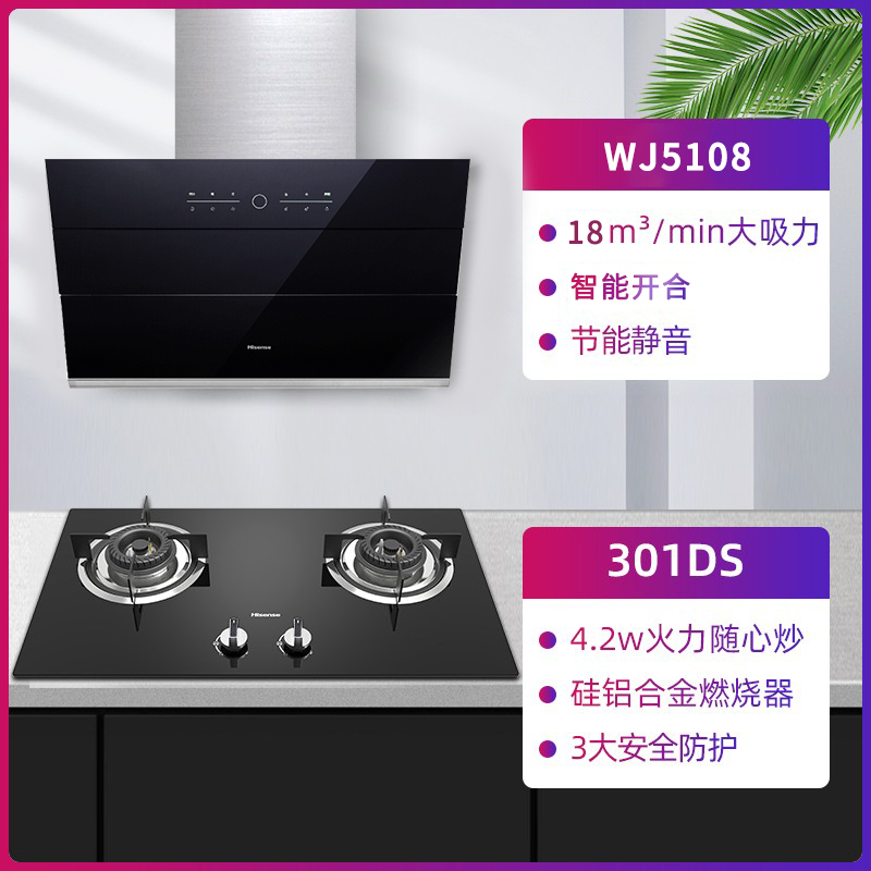 海信(Hisense)烟灶套装升级款台嵌两用抽油烟机大火力燃气灶小型家用免拆洗侧吸智能触控大吸力WJ5108+301DS