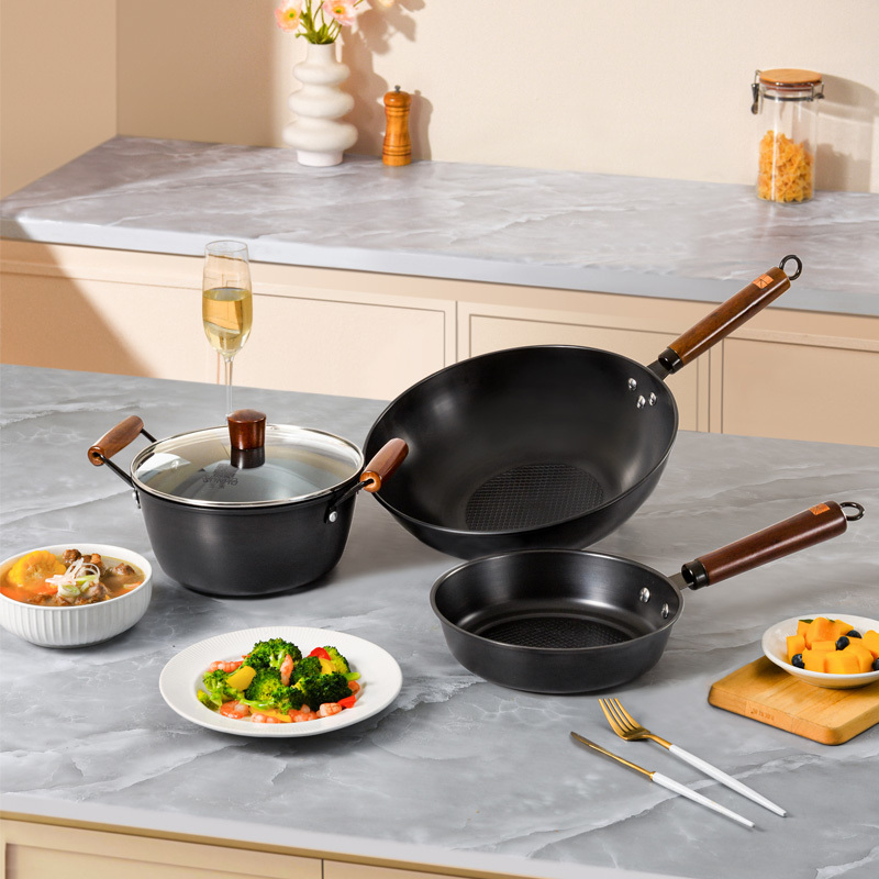 三禾(SANHO) 窒化铁锅三件套不粘防锈套装 炒锅32cm汤锅22cm煎锅22cm T321