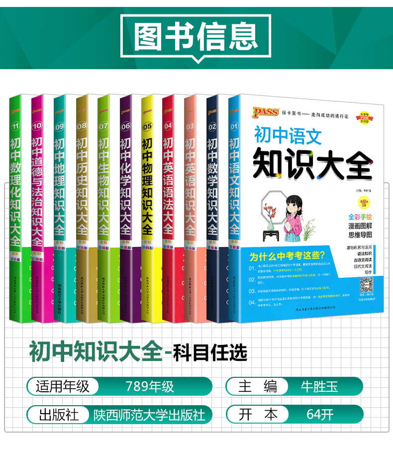 初中语文知识大全 初中通用 [正版]2024版pass绿卡图书初中知识大全语文数学英语物理化学生物地理历史道德与法治小四高清大图