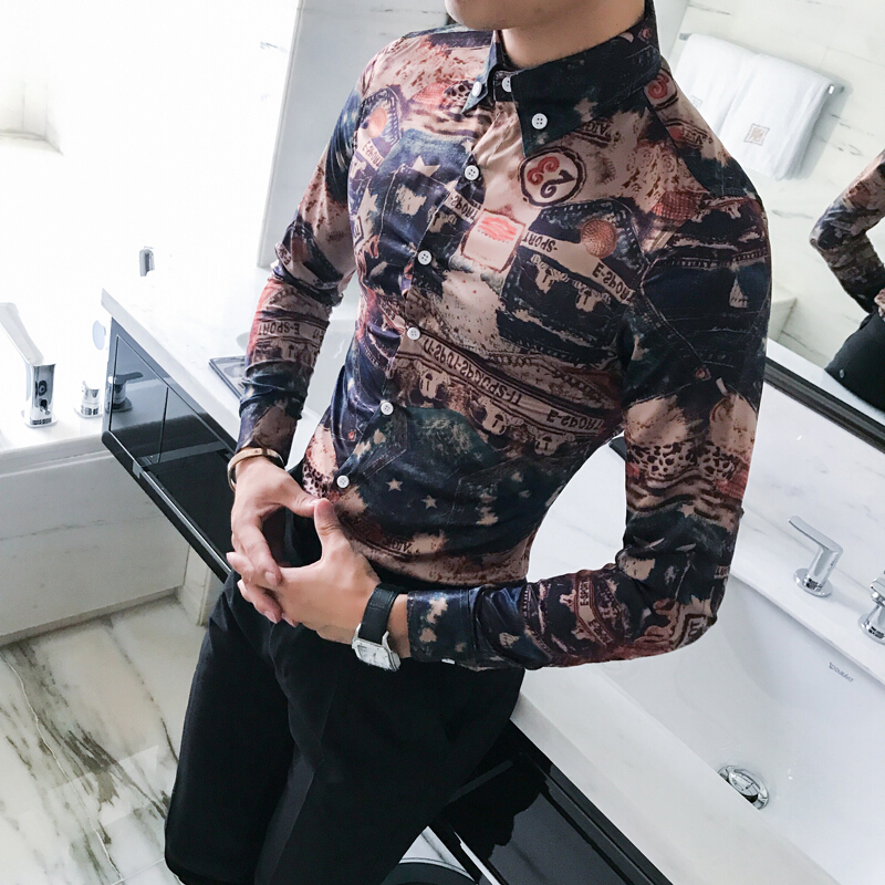 季款韩版型男士修身迷彩印花长袖衬衣型男休闲衬衫打底衫