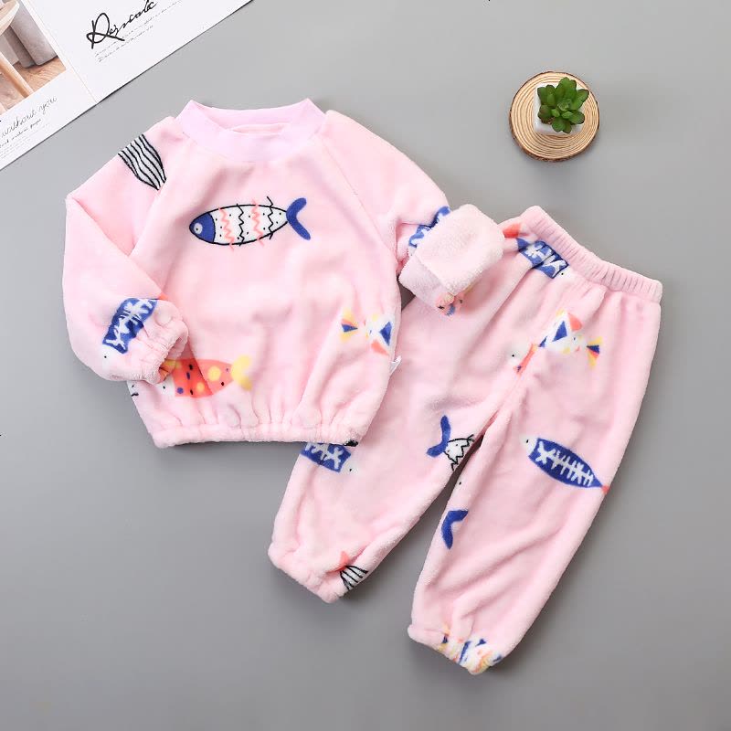 2019秋冬儿童睡衣家居服套装男童法兰绒两件套女童睡衣长袖宝宝加厚潮图片
