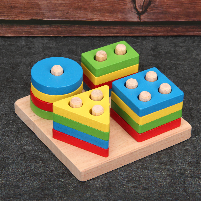 四柱 蒙氏早教教具儿童四套柱积木益智几何形状配对1-2一3周岁宝宝