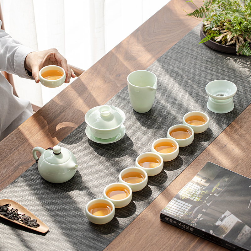 苏氏陶瓷(SUSHI CERAMICS)翡翠玉功夫茶具套装羊脂玉陶瓷三才盖碗青瓷泡茶壶茶杯大套礼盒装