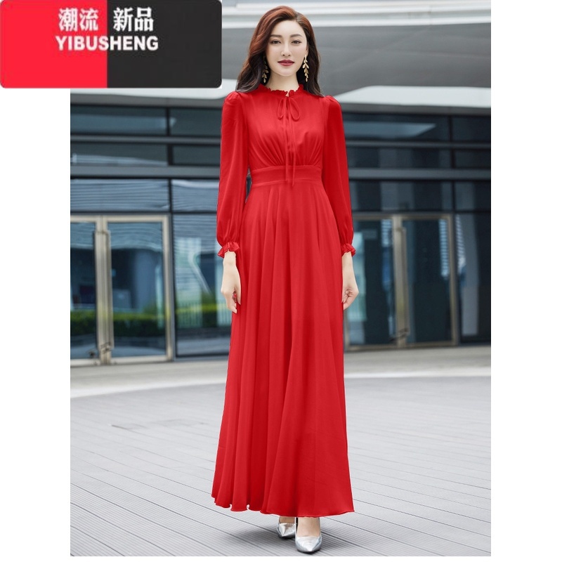 YIBUSHENG2024新款女长袖系带领纯色雪纺连衣裙修身显瘦沙滩度假长款大摆裙高清大图