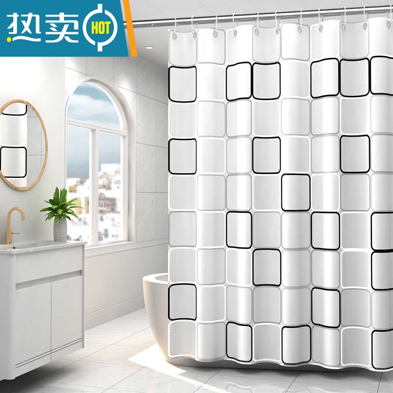 敬平浴室防水布淋浴浴帘套装免打孔磁性洗澡卫生间窗帘门帘隔断帘帘子 加厚PEVA黑方格 宽200*240高+伸缩140-260杆+环+收纳绑带