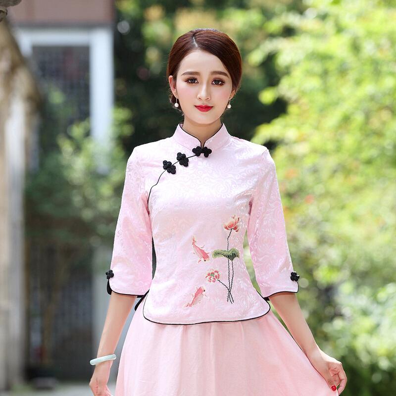 唐装女茶服民国女装茶艺师服装中式工作服夏装旗袍上衣白色套装配藏青