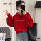 NEW LAKE设计感小众新款2024加绒加厚套头连帽红色卫衣女短款宽松韩版