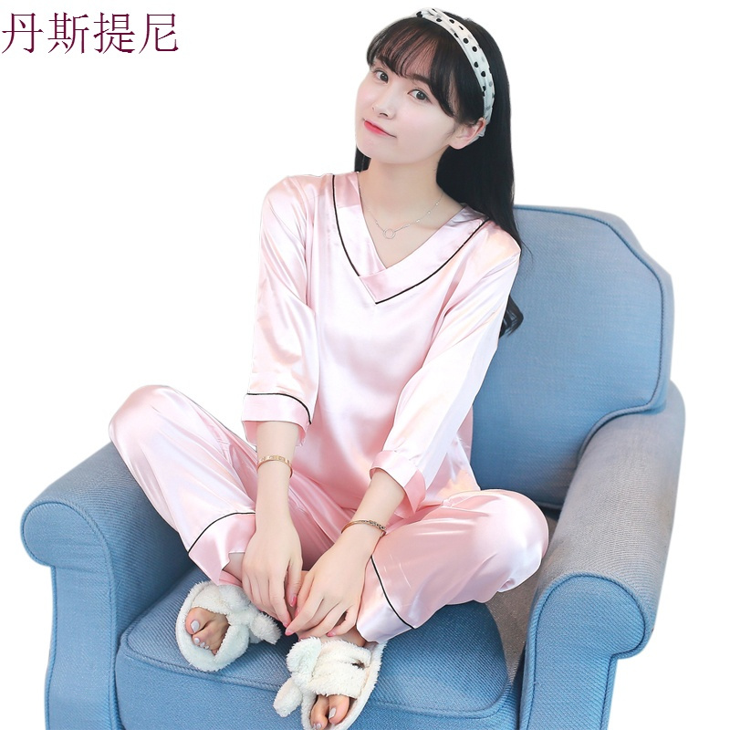 真丝睡衣女夏两件套分体冰丝睡衣女春秋韩版长袖甜美可爱性感薄款