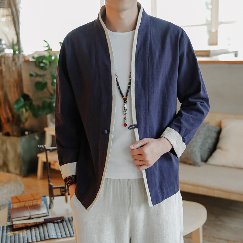 春夏中国风亚麻长袖衬衫男青年纯色盘扣唐装男士宽松大码汉服衬衣