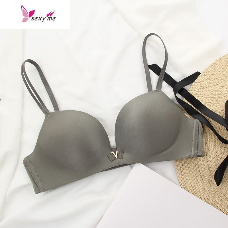 欧美v字性感舒适轻薄款聚拢光面无钢圈显胸小文胸上托内衣女fish