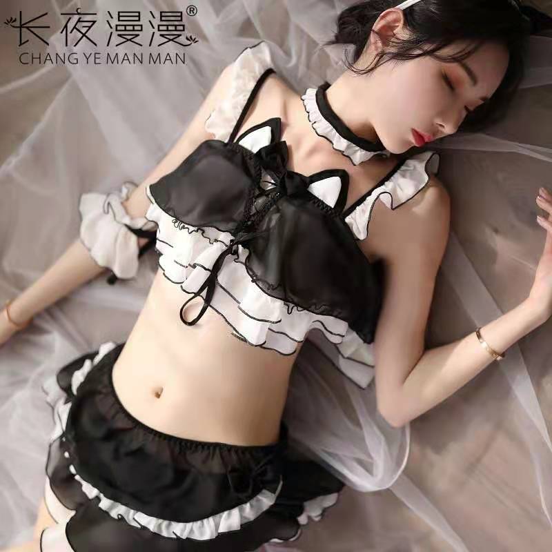 女式情趣睡衣 情趣内衣可爱兔女郎制服性感女软萌兔耳调皮可爱猫咪套装长夜漫漫透视火热三点式夜店免脱露乳成人用品 黑色 均码