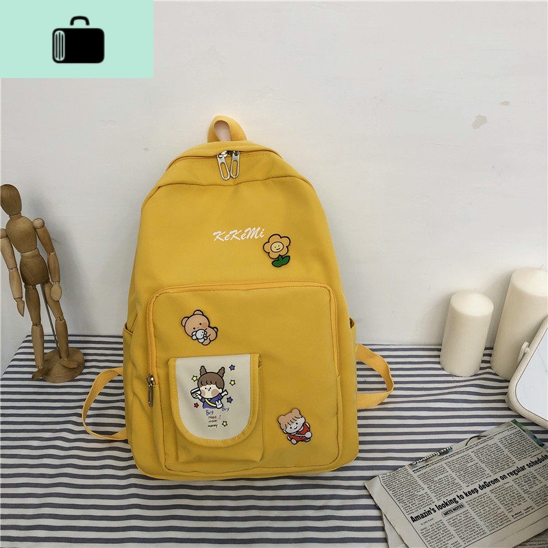 ins书包女韩版原宿ulzzang高中背包森系大容量初中学生校园双肩包NEW LAKE 黄色（带徽章）