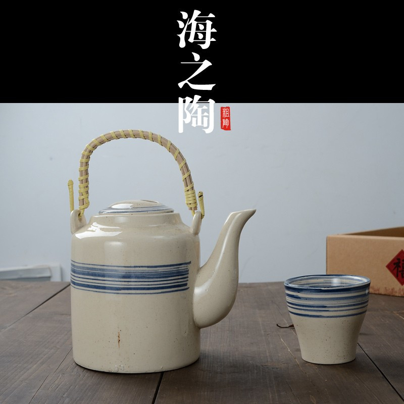 鼎亨老式大容量陶瓷茶壶茶具套装饭店家用粗陶凉水壶大号壶提梁茶