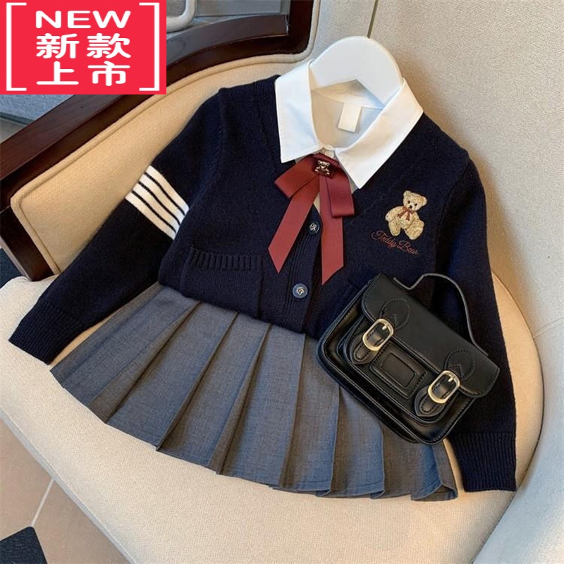 可莉允女童毛衣套装裙子2022新款儿童装学院风小女孩衣服三件套洋气时髦