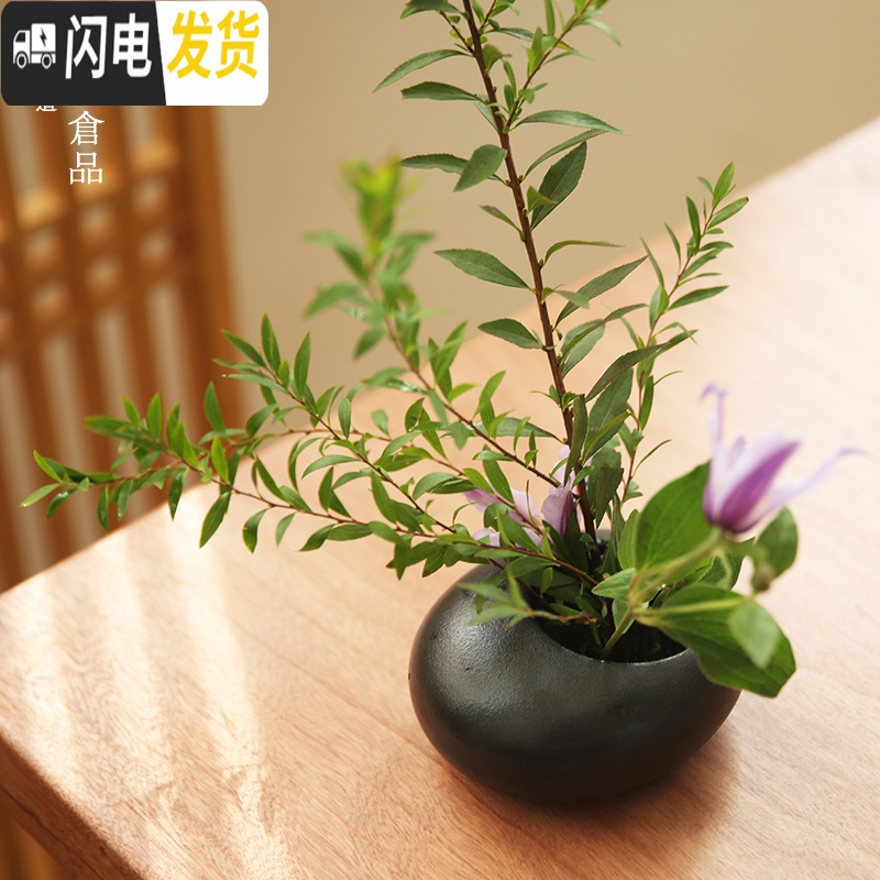 三维工匠水滴茶席小花器花瓶禅意中式插花器皿日式花道花盆剑山插花器套装 黑色水滴送3.4cm剑山 13cm花盆容器