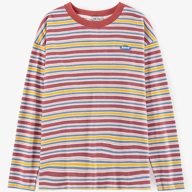 珂卡慕kekamu圆领彩色条纹t恤女长袖上衣春秋宽松韩版学生森系2020