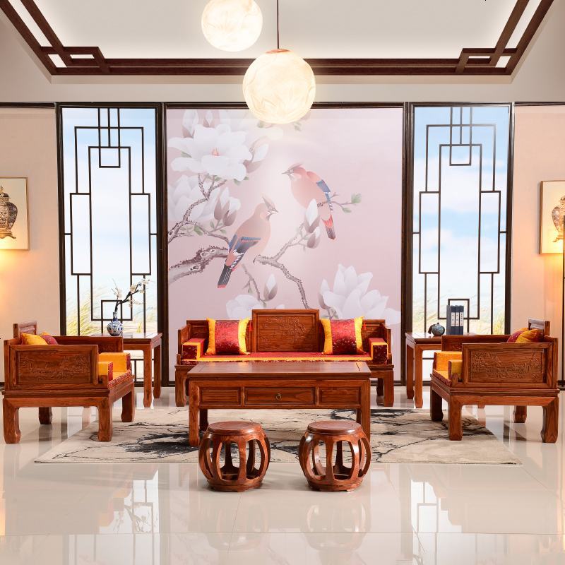 实木沙发组合中式仿红木南榆木茶楼酒店仿古家具客厅山水沙发