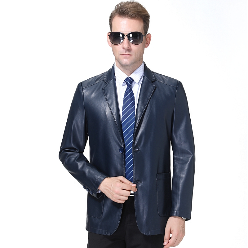 海宁山羊皮真皮西装专柜正品羊皮西服真皮皮衣男装春秋季真皮西装三粒扣真皮皮衣男式绵羊皮西服外套韩版修身男装皮衣 186蓝色两粒扣 175/88A