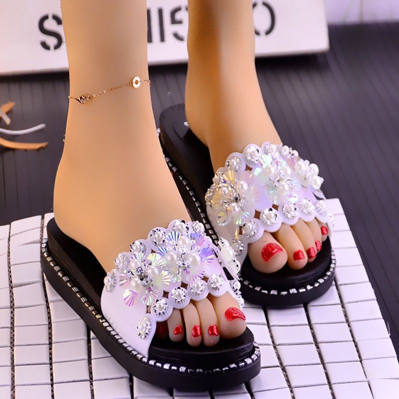 拖鞋女夏季松糕厚底坡跟凉拖鞋居家软底高跟拖鞋女防滑沙滩鞋1903白色