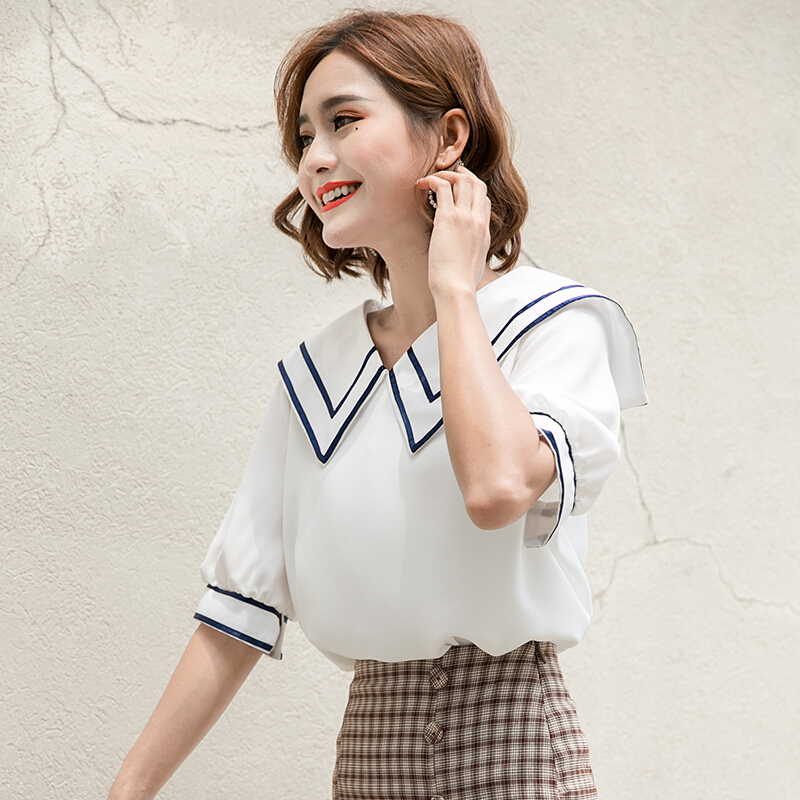夏装2018韩版宽松女娃娃小衫雪纺衫短袖v领遮肚子上衣服