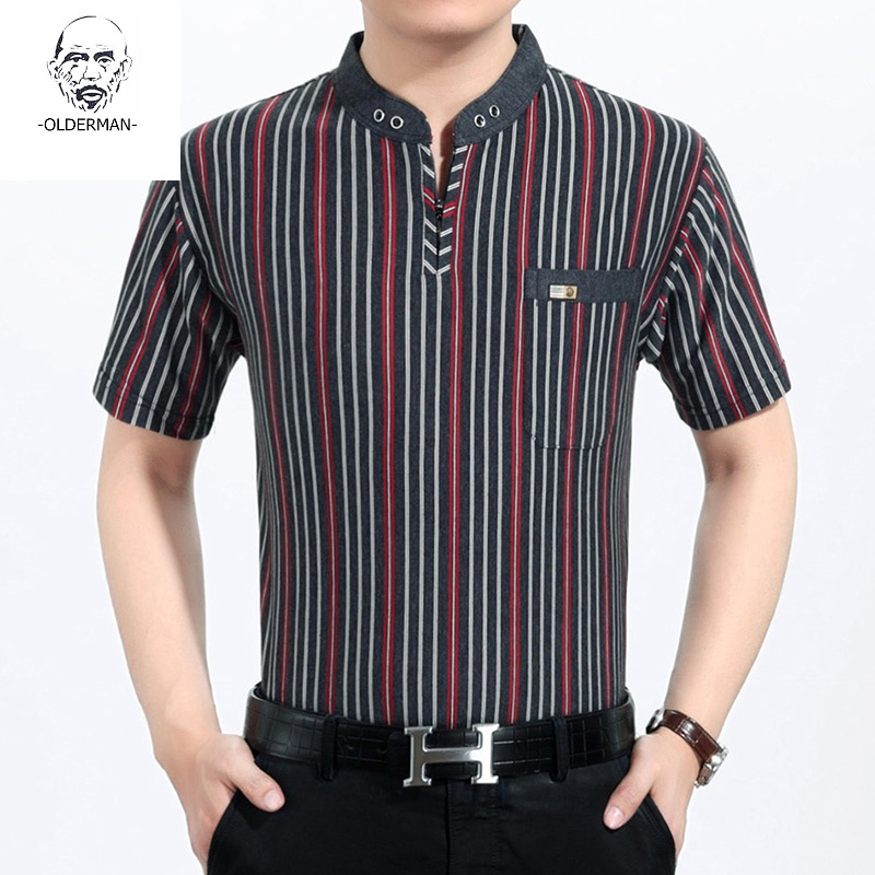 老人头2020夏季男士短袖t恤衫立领中老年爸爸装全棉大码t恤中年男装