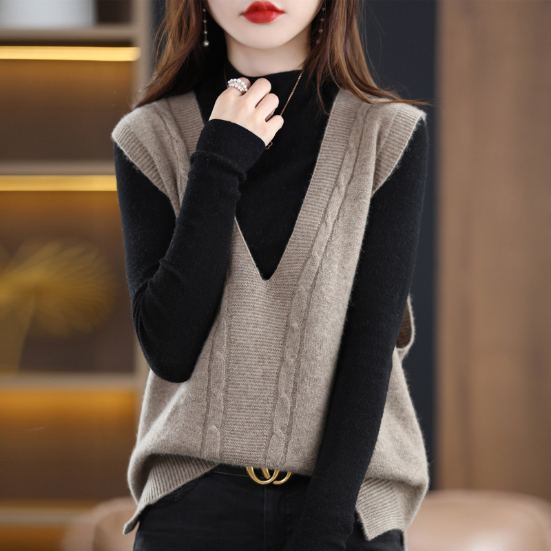 雪米贝奴羊毛马甲女大v领宽松叠穿羊绒毛衣背心坎肩外搭针织衫外穿