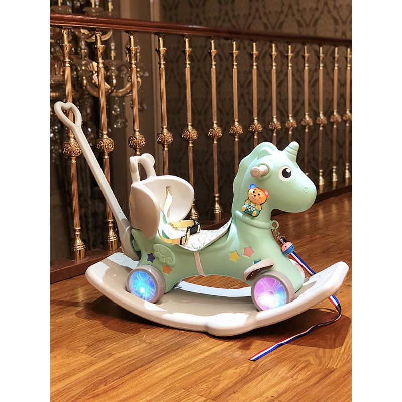 木马 儿童摇马摇摇马婴儿宝宝玩具1-3周岁 塑料两用加厚大号2 神马蓝色靠背+推杆+餐盘+闪光轮高清大图