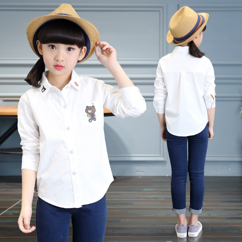2021年新款女孩春装女童纯棉衬衫中大童衬衣宝宝白色长袖儿童衣服 小熊印花衬衫 120建议身高100-110