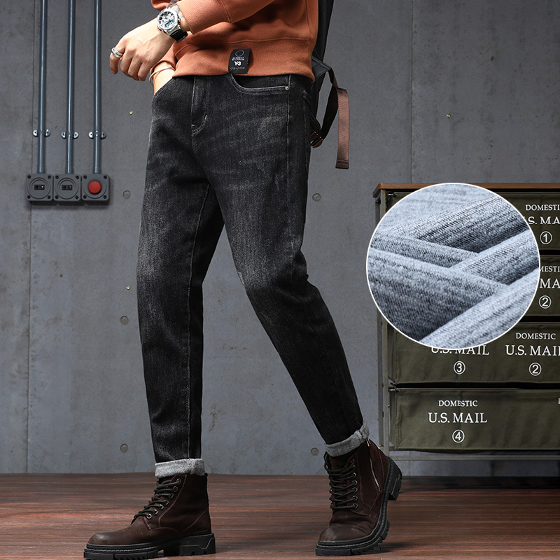 yuansu冬季抓绒薄绒男士牛仔裤修身小直筒秋冬款磨毛加厚配马丁靴长