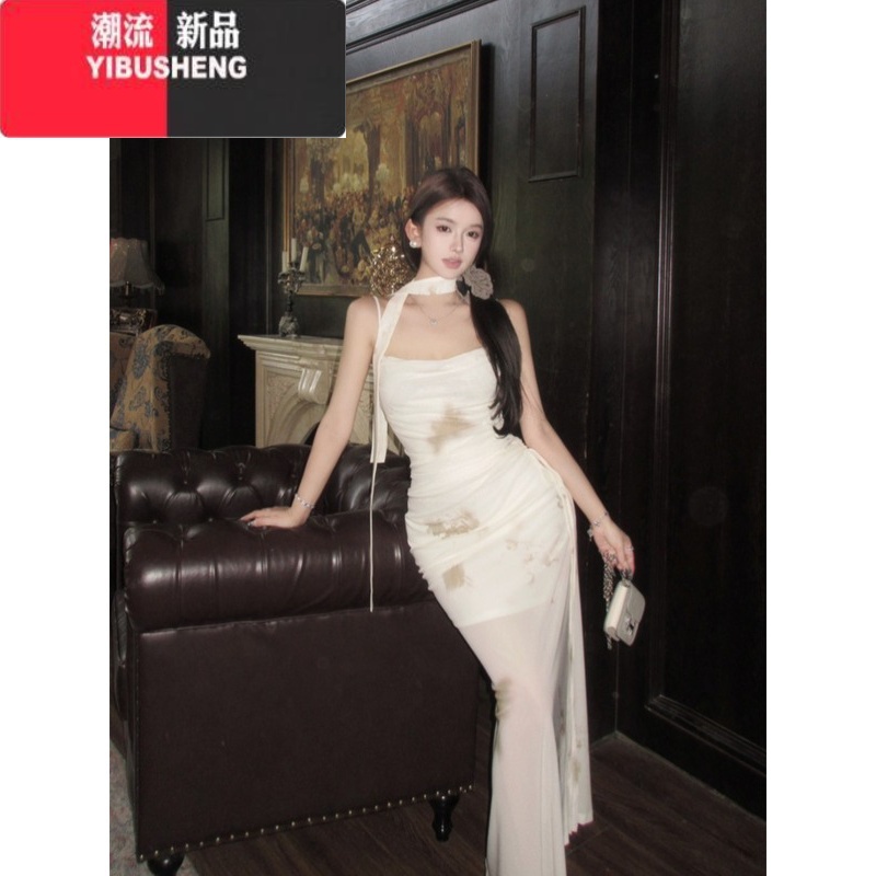 YIBUSHENG紫色晕染荡领吊带连衣裙女季性感纯欲长裙子褶皱收腰开叉包臀裙高清大图