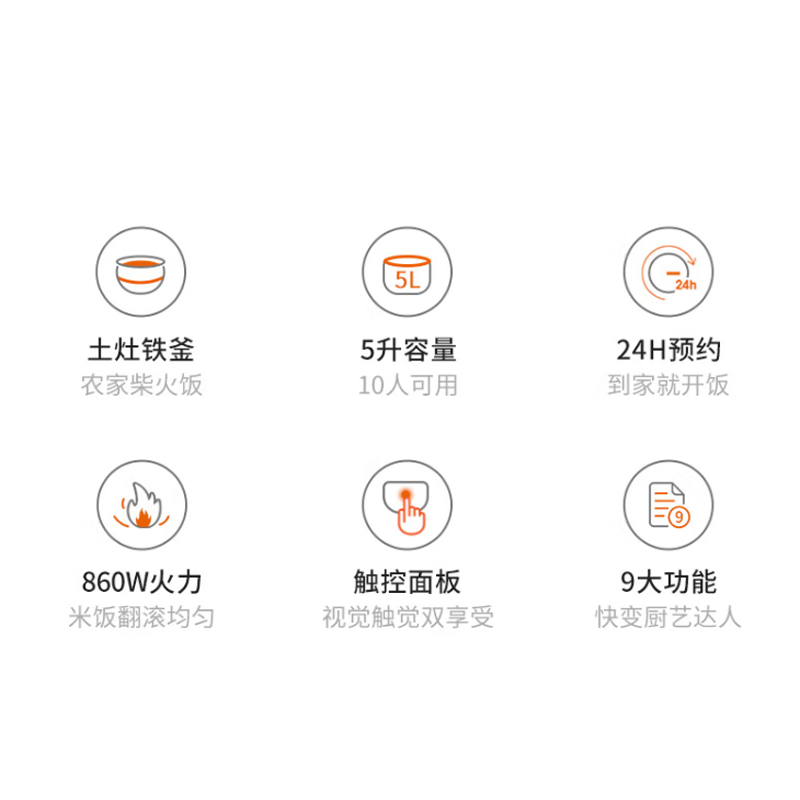 九阳(Joyoung)大火力电饭煲5L 6-10人 土灶铁釜 智能预约 触控面板 50TD03 香槟色*高清大图