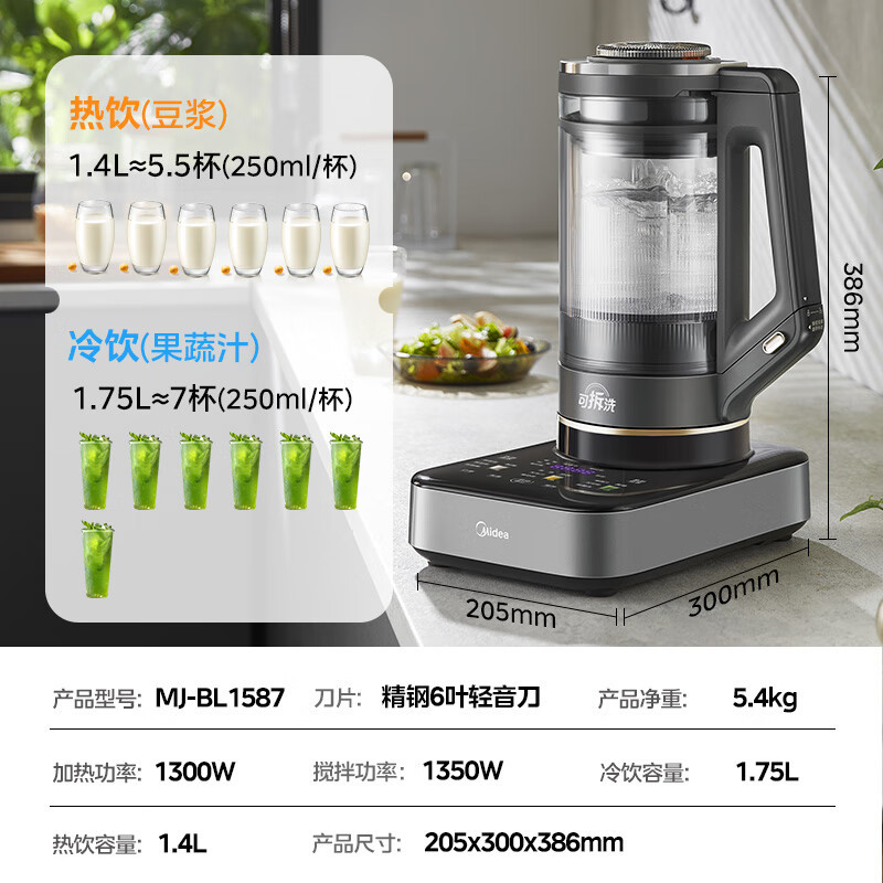 美的(Midea)破壁机家用豆浆机可拆洗多功能料理机1.75L榨汁机3-4人用搅拌机全自动免煮辅食机 MJ-BL1587高清大图