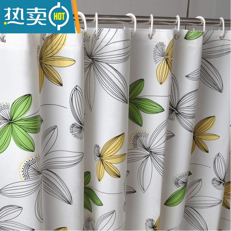 敬平卫生间浴帘套装免打孔家用洗澡帘加厚防水隔断帘浴室门帘窗帘 黄绿花 180宽+180高+环不含杆