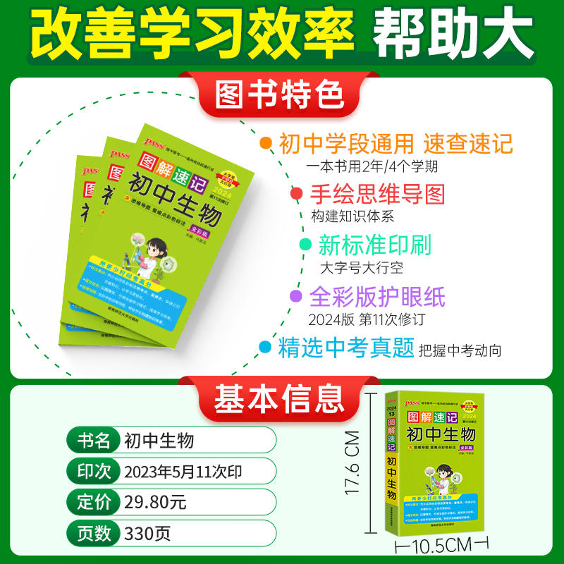 [正版]2024版图解速记初中地理生物全套2本 pass绿卡图书人教版初一初二初三七八九年级中考真题口袋书工具书基础知高清大图