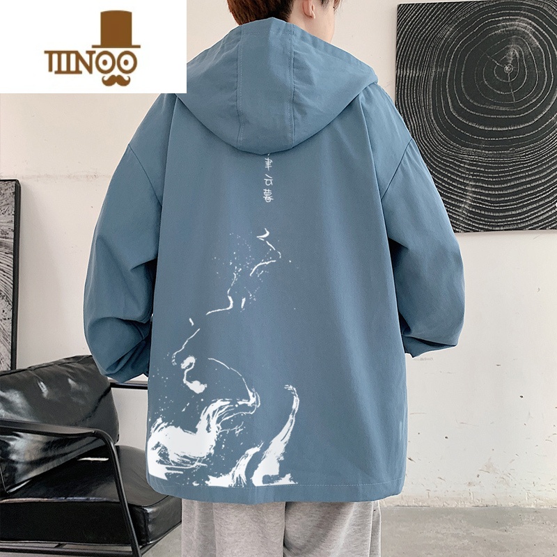 YANXU国潮港风撞色泼墨连帽夹克男2023新款青少年男装帅气学生外套高清大图