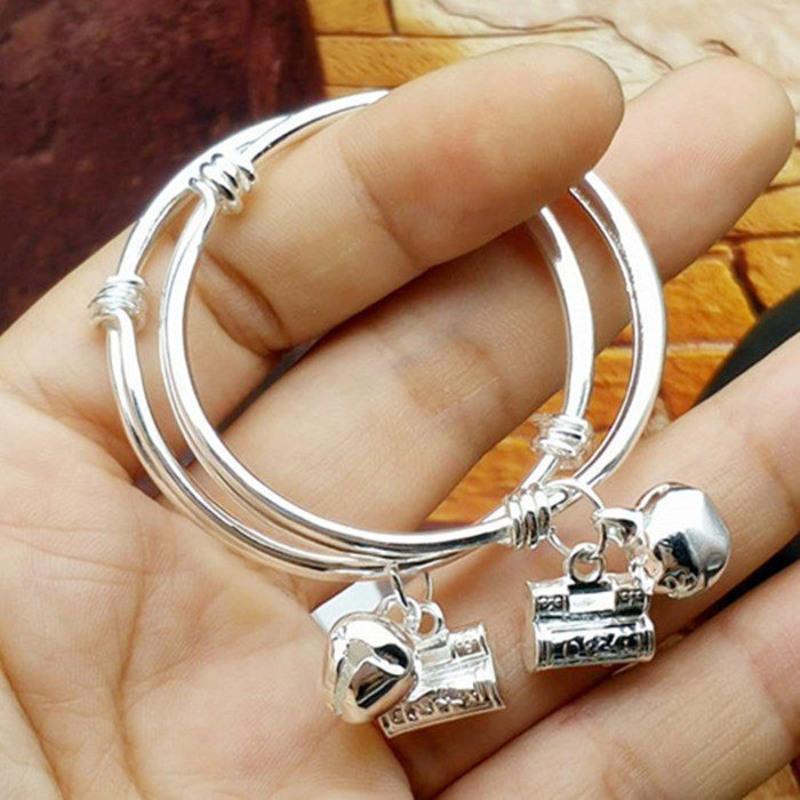 3岁内圆肚镀银宝宝手镯观音佛铃铛儿童手镯手饰小孩手镯锁铃铛单只