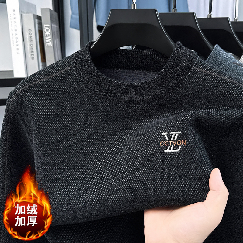 重磅绣花雪貂绒毛衣男2025秋冬季新款圆领加绒加厚保暖男士针织衫高清大图