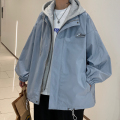 假两件外套男士春秋季港风宽松潮牌棒球服早秋工装情侣连帽夹克男 2XL 蓝色