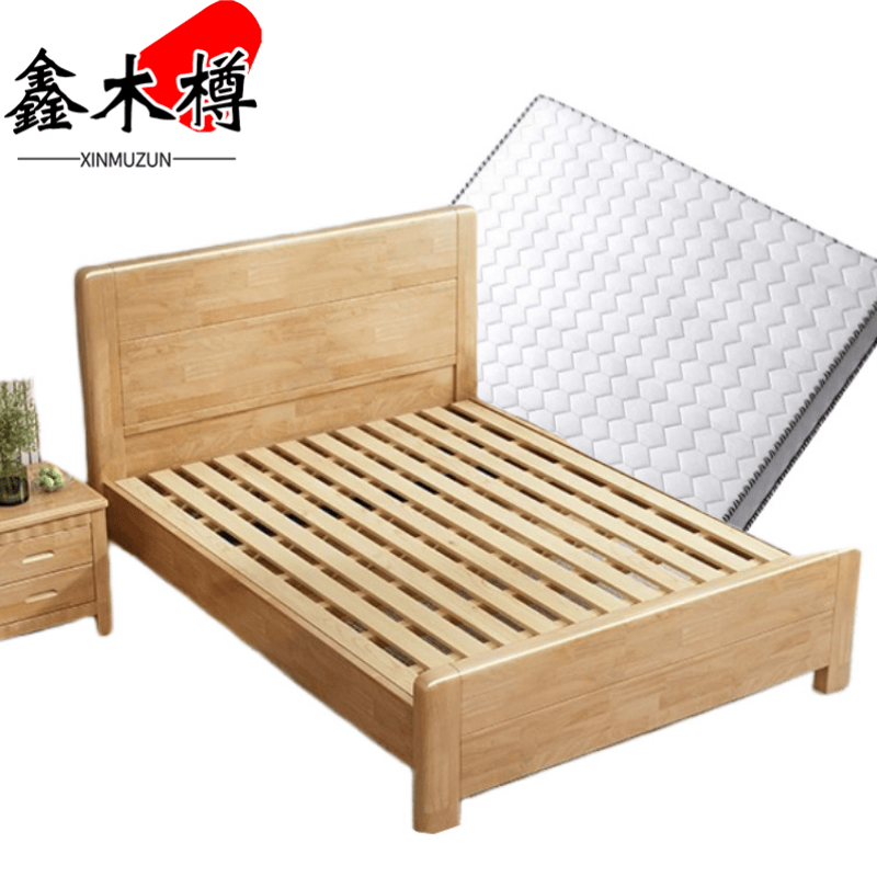 鑫木樽实木床+床头柜+床垫1.5米套高清大图