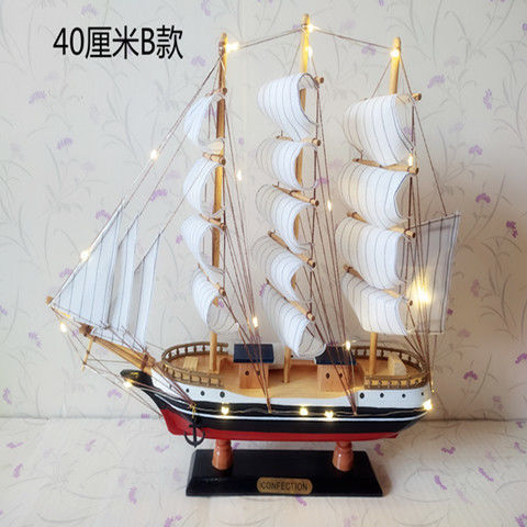 实木质帆船模型 地中海海盗船轮船 手工制作工艺船品礼品帆船摆件|40厘米B款+灯
