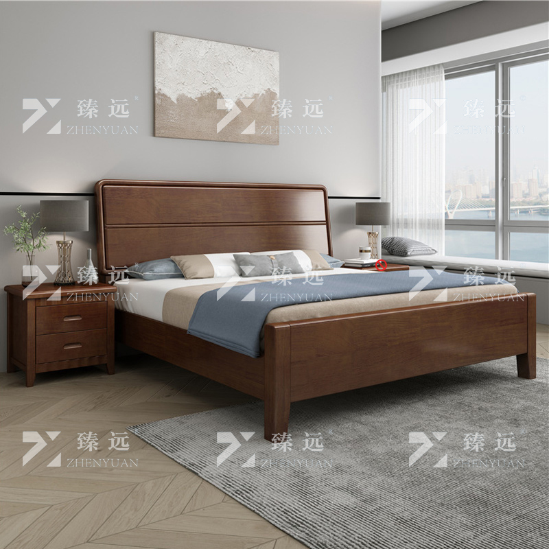 臻远 ZY4022911 实木床1.8米床含一个床头柜 胡桃色