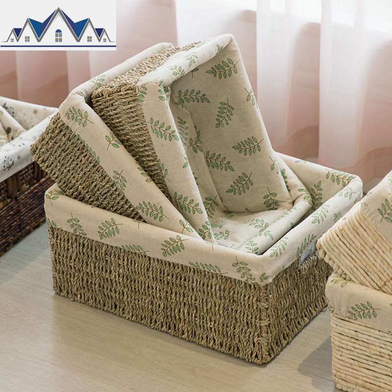 收纳筐藤编脏衣服储物篮家居桌面化妆品盒内衣玩具整理箱编织 三维工匠收纳篮 海草收纳+绿树叶内衬加大号