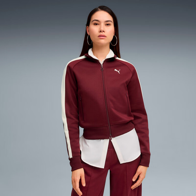 彪马(PUMA)女装 运动休闲风立领修身针织夹克外套 631965-96 酒红/白色 XXL