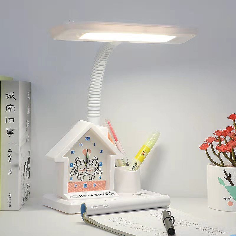 儿童护眼台灯小学生书桌插电式学习专用卡通闹钟卧室床头书房 卡通粉色房子闹钟款