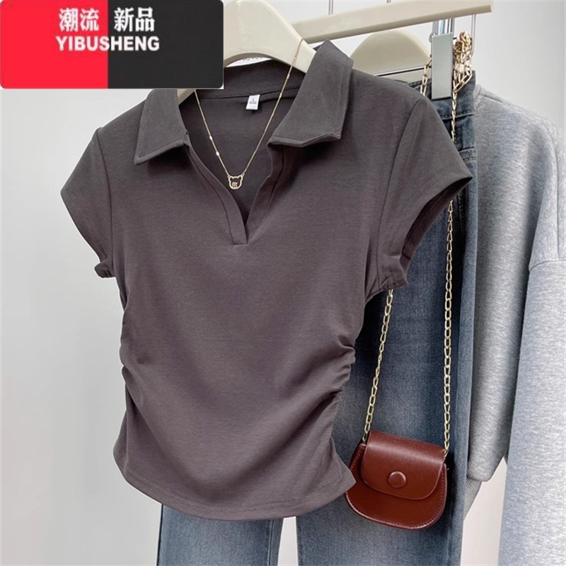YIBUSHENGPolo领正肩短袖T恤女2024季新款百搭显瘦收腰褶皱V领短款上衣衫 深灰色 XL推荐体重125-135斤