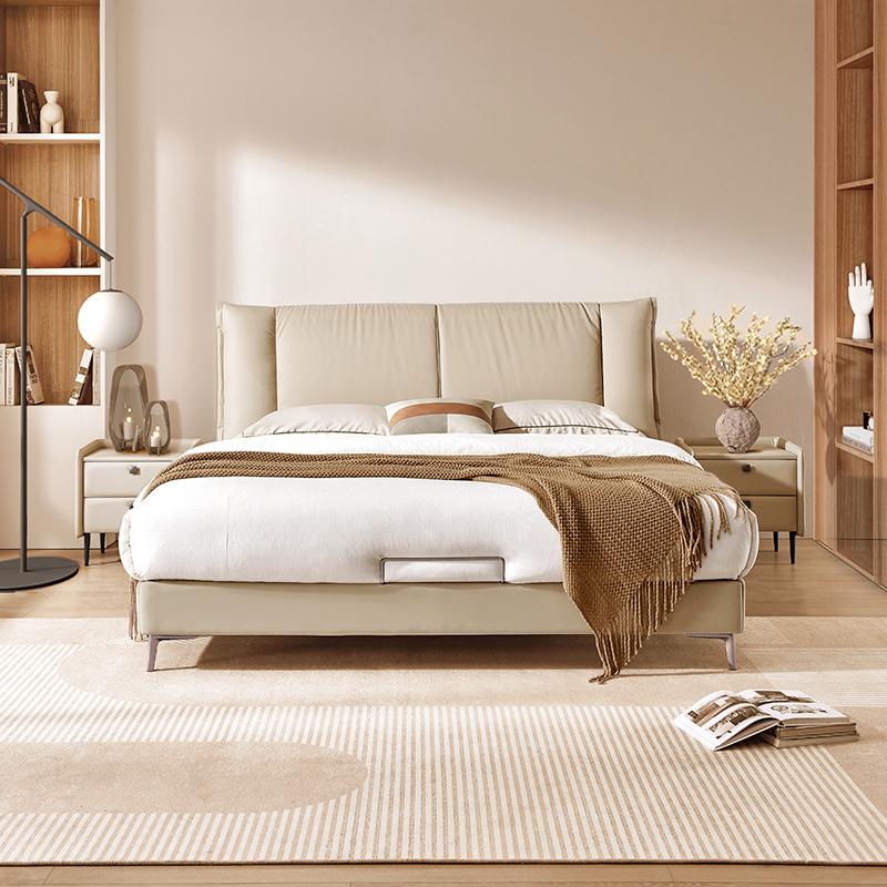 新品顾家家居皮床现代简约皮床法式奶油风主卧真皮双人软床8055(15天